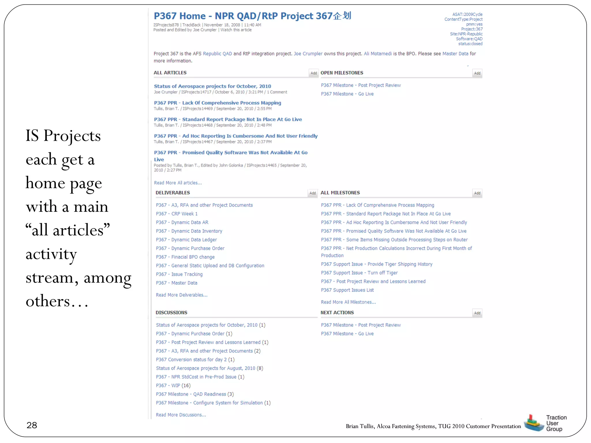 IS Projects each get a home page with a main “all articles” activity stream, among others… 