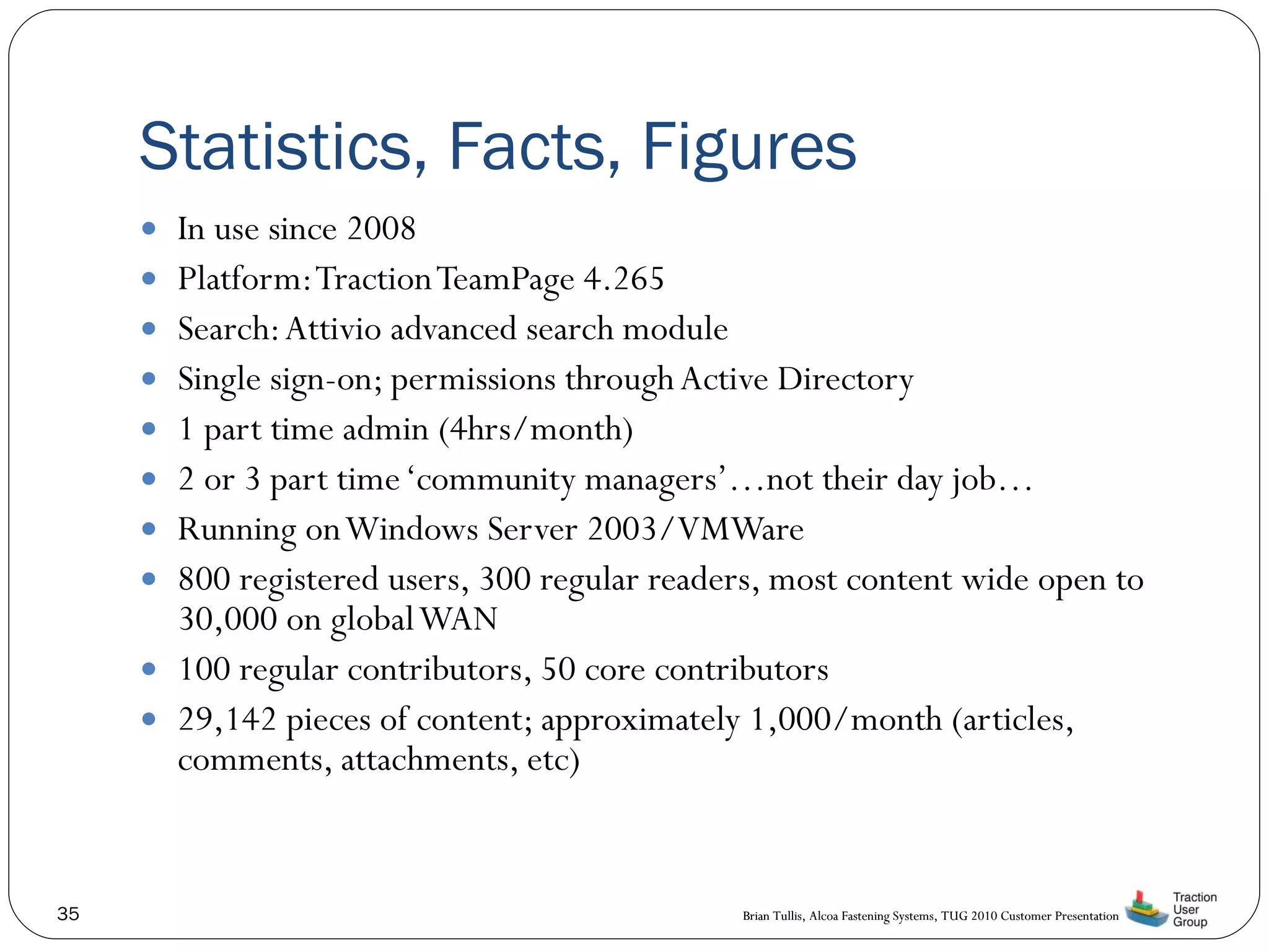 Statistics, Facts, Figures In use since 2008 Platform: Traction TeamPage 4.265 Search: Attivio advanced search module Single sign-on; permissions through Active Directory 1 part time admin (4hrs/month) 2 or 3 part time ‘community managers’…not their day job… Running on Windows Server 2003/VMWare 800 registered users, 300 regular readers, most content wide open to 30,000 on global WAN 100 regular contributors, 50 core contributors 29,142 pieces of content; approximately 1,000/month (articles, comments, attachments, etc) 