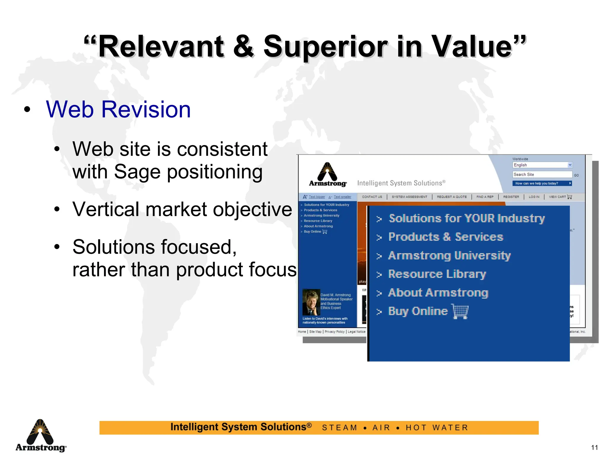 “ Relevant & Superior in Value” Web Revision Web site is consistent  with Sage positioning Vertical market objective Solutions focused,  rather than product focused 