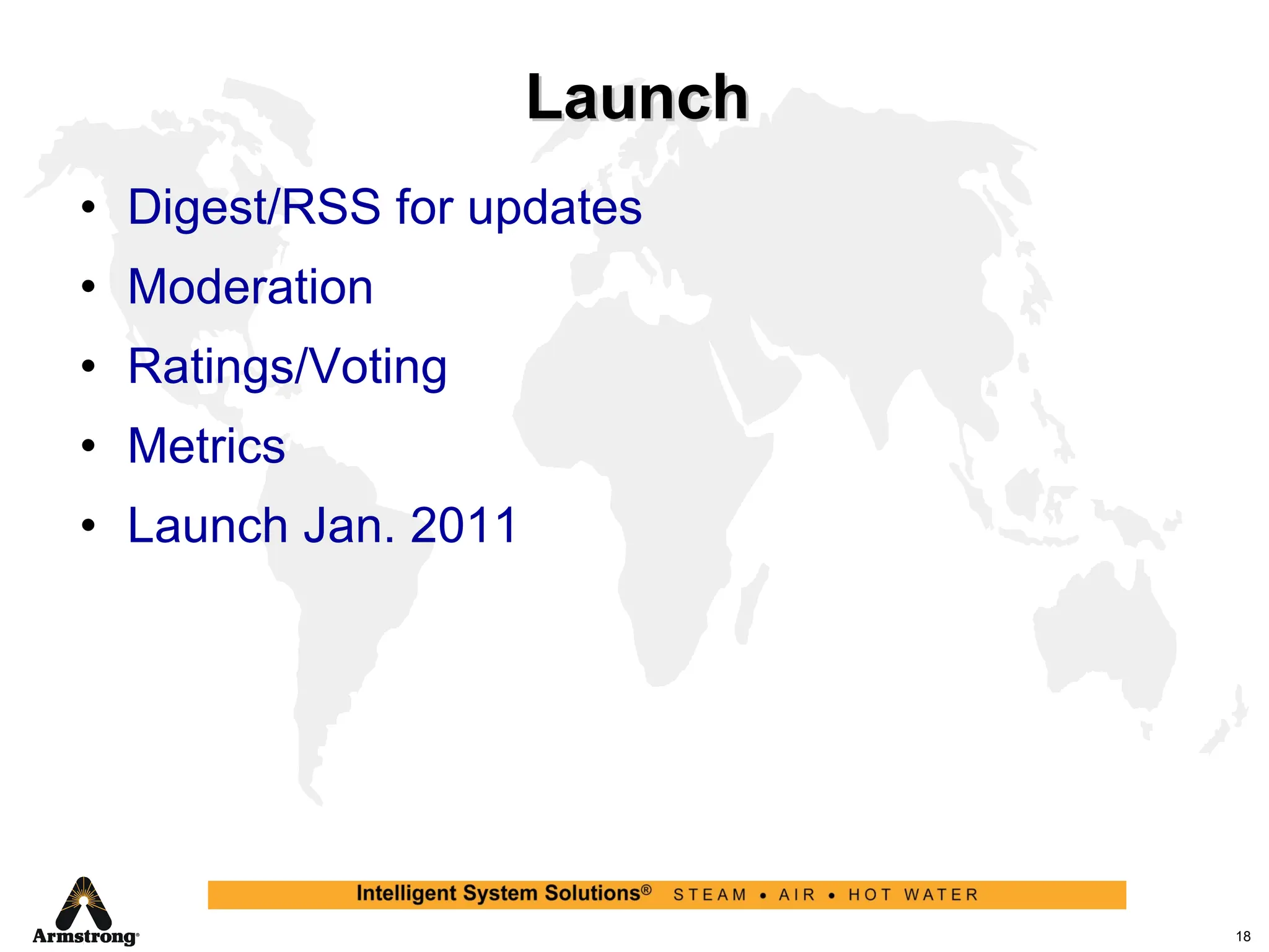 Launch Digest/RSS for updates Moderation Ratings/Voting Metrics Launch Jan. 2011 