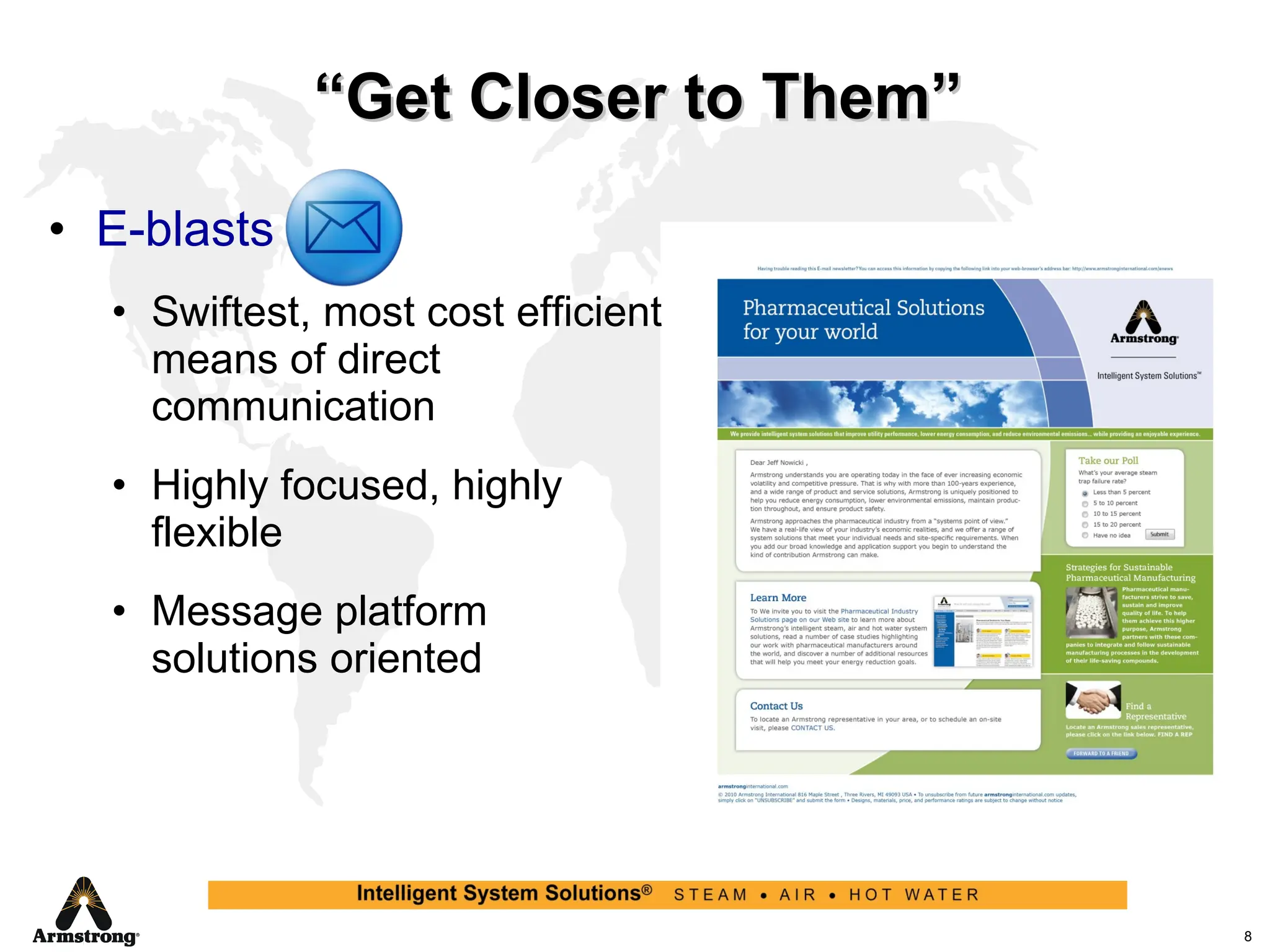 “ Get Closer to Them” E-blasts  Swiftest, most cost efficient means of direct communication Highly focused, highly flexible Message platform  solutions oriented 