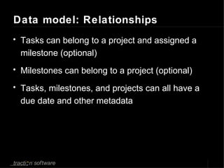 Data model: Relationships Tasks can belong to a project and assigned a milestone (optional) Milestones can belong to a project (optional) Tasks, milestones, and projects can all have a due date and other metadata 