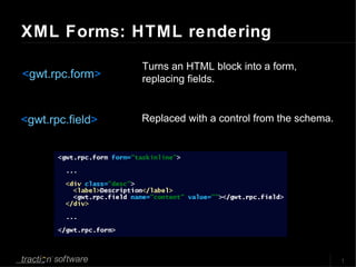 XML Forms: HTML rendering < gwt.rpc.form > < gwt.rpc.field > Turns an HTML block into a form, replacing fields. Replaced with a control from the schema. 