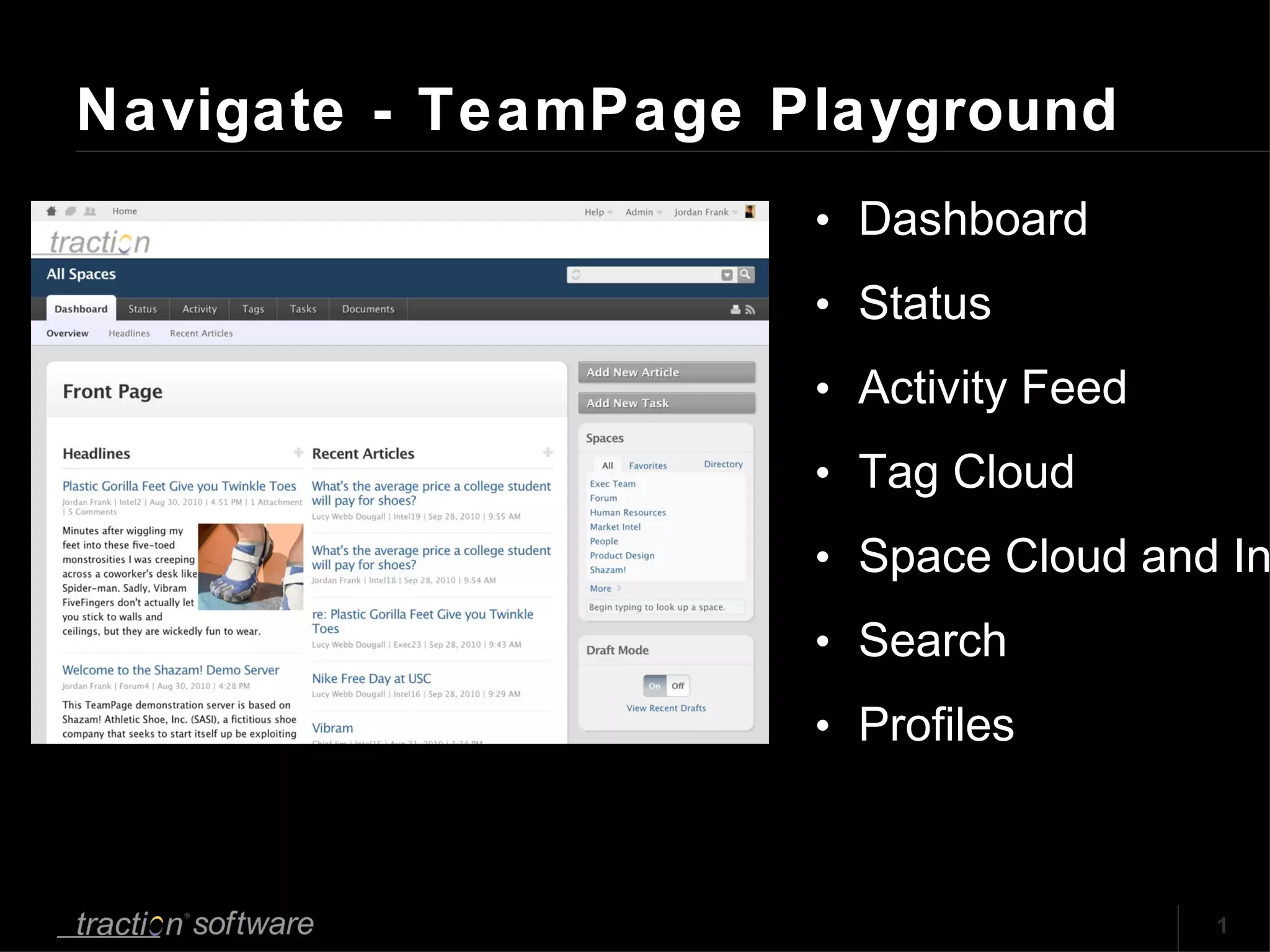 Navigate - TeamPage Playground Dashboard Status Activity Feed Tag Cloud Space Cloud and Index Search Profiles 