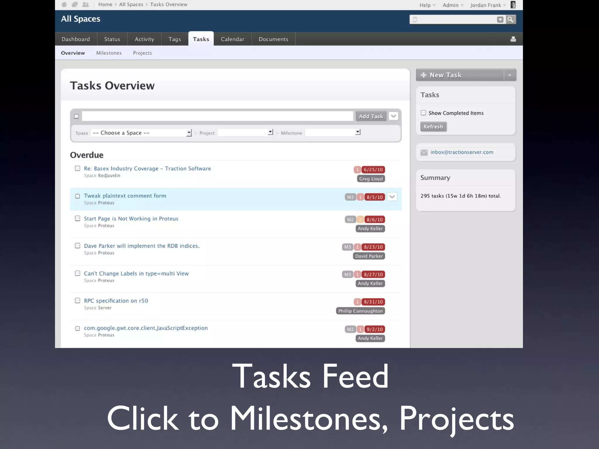 Tasks Feed Click to Milestones, Projects 