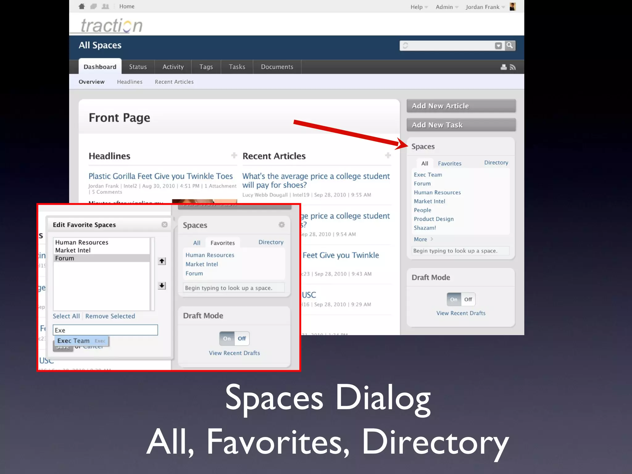 Spaces Dialog All, Favorites, Directory 