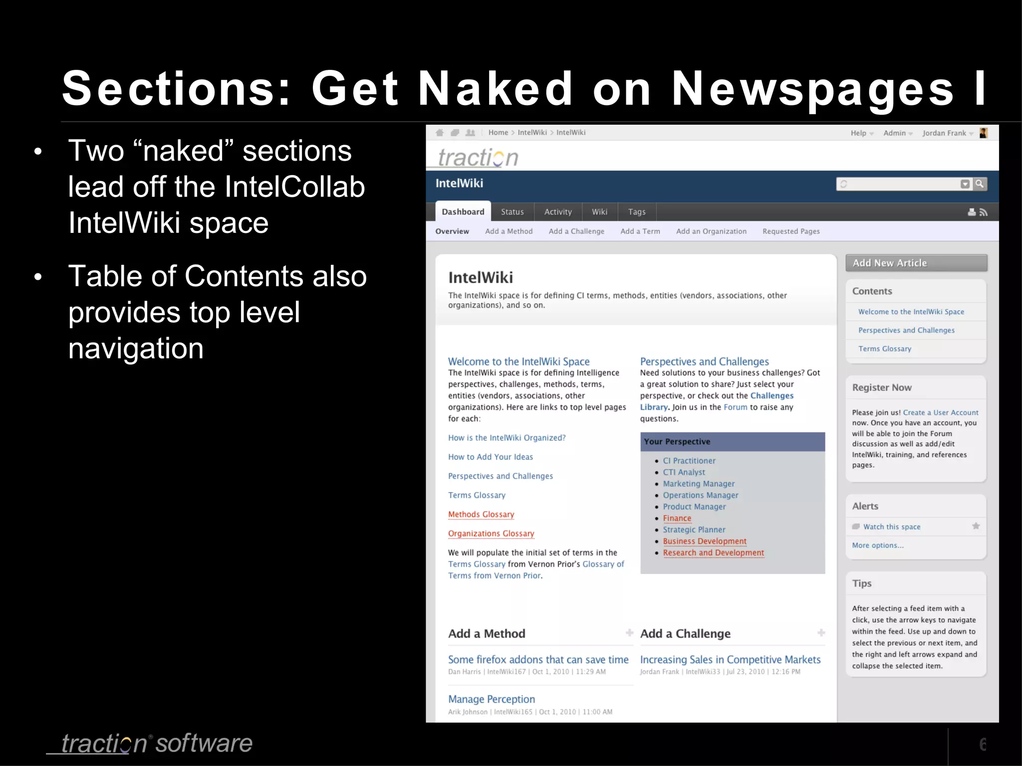Sections: Get Naked on Newspages I Two “naked” sections lead off the IntelCollab IntelWiki space Table of Contents also provides top level navigation 