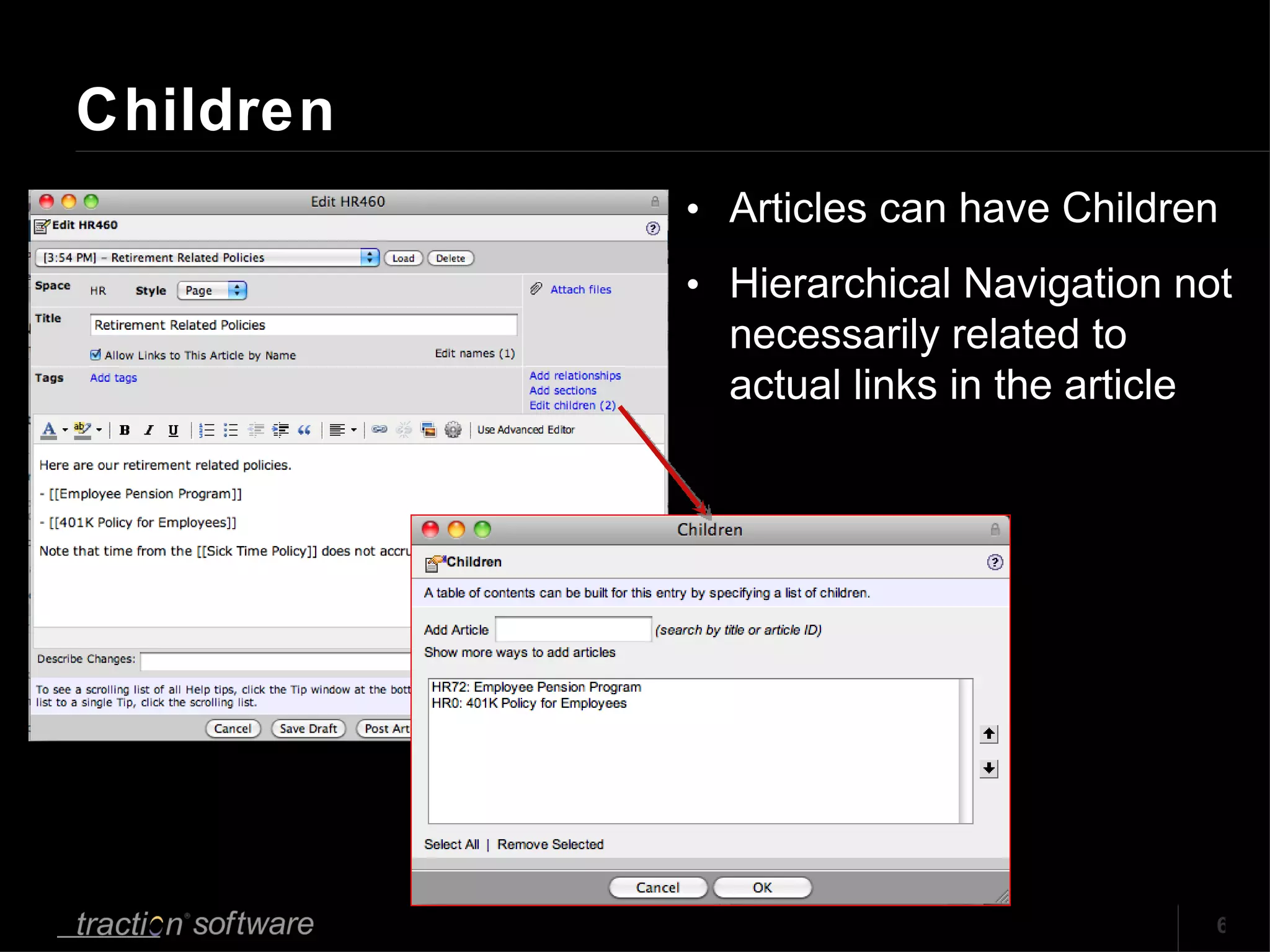 Children Articles can have Children Hierarchical Navigation not necessarily related to actual links in the article 