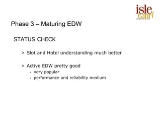 Phase 3 – Maturing EDW

STATUS CHECK

   > Slot and Hotel understanding much better

   > Active EDW pretty good
      - very popular
      - performance and reliability medium
 