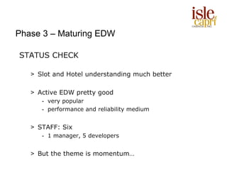 Phase 3 – Maturing EDW

STATUS CHECK

   > Slot and Hotel understanding much better

   > Active EDW pretty good
      - very popular
      - performance and reliability medium


   > STAFF: Six
      - 1 manager, 5 developers


   > But the theme is momentum…
 