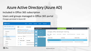 Azure Active Directory (Azure AD)
Included in Office 365 subscription
Users and groups managed in Office 365 portal
Changes persisted in Azure AD
 