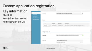 Custom application registration
Key information
Client ID
Keys (aka client secret)
Redirect/Sign-on URI
 