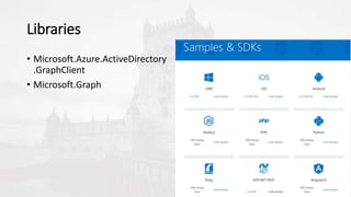 Libraries
• Microsoft.Azure.ActiveDirectory
.GraphClient
• Microsoft.Graph
 