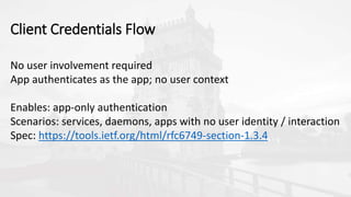 No user involvement required
App authenticates as the app; no user context
Enables: app-only authentication
Scenarios: services, daemons, apps with no user identity / interaction
Spec: https://tools.ietf.org/html/rfc6749-section-1.3.4
Client Credentials Flow
 