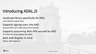Introducing ADAL.JS
JavaScript library specifically for SPAs
Uses OAuth2 Implicit Flow
Supports signing users into AAD
Because SPAs can’t safely keep Client Secrets!
Supports consuming Web APIs secured by AAD
The Web API must validate the token
Built with Angular in mind
adal.js, adal-angular.js
 