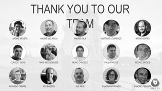 THANK YOU TO OUR
TEAM
ANDRÉ BATISTA ANDRÉ MELANCIA ANDRÉ VALA ANTÓNIO LOURENÇO BRUNO LOPES
CLÁUDIO SILVA
RUI BASTOS
NIKO NEUGEBAUER
RUI REISRICARDO CABRAL
NUNO CANCELO PAULO MATOS PEDRO SIMÕES
SANDRA MORGADO SANDRO PEREIRA
 
