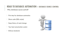 ROAD TO DATABASE AUTOMATION – DATABASE SOURCE CONTROL
Why database source control?
• First step for database automation
• Share code (SQL scripts)
• Keep history of each change
• Your best comunication system
• Enforce standards
 