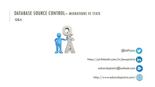 DATABASE SOURCE CONTROL– MIGRATIONS VS STATE
Q&A
@EdPiairo
https://pt.linkedin.com/in/jesuspiairo
eduardopiairo@outlook.com
http://www.eduardopiairo.com/
 