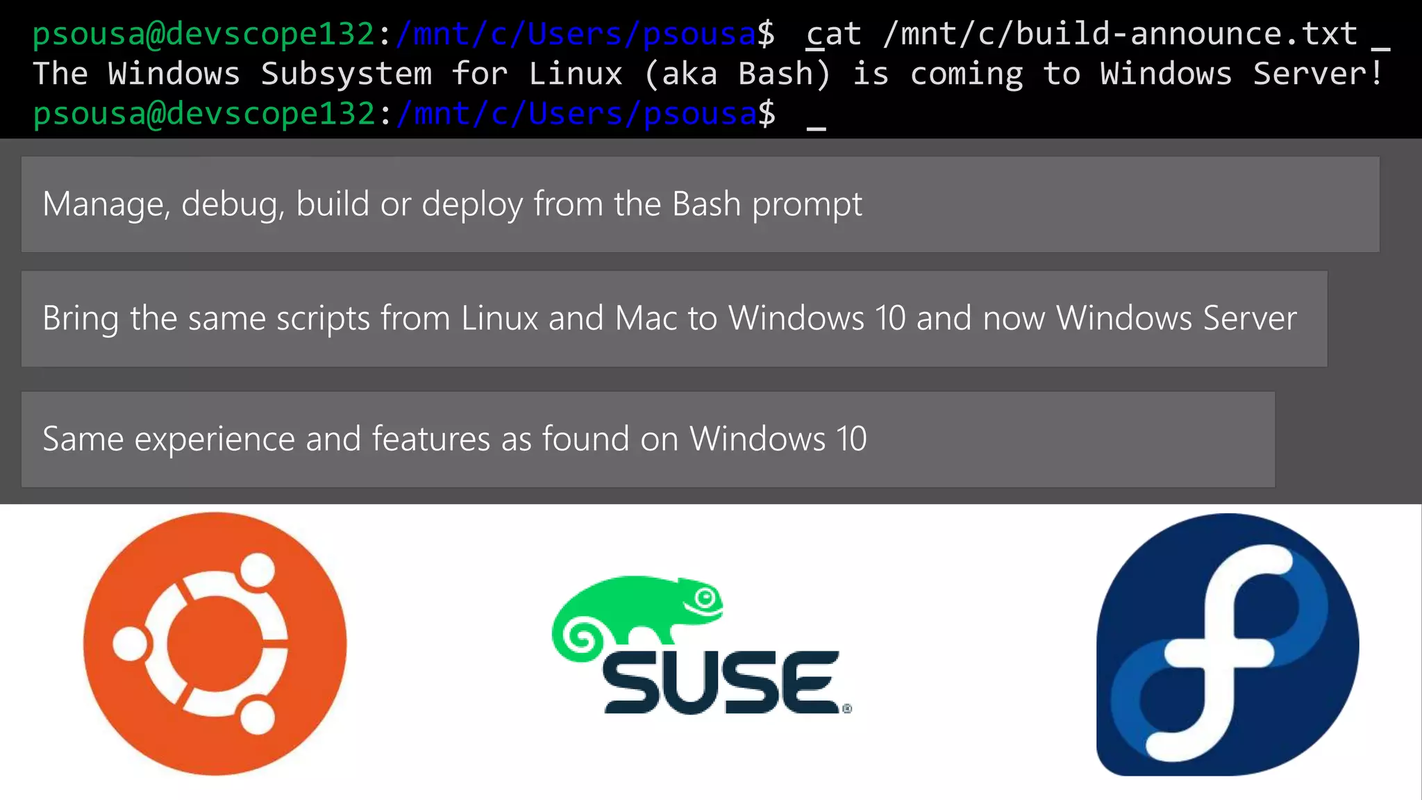 psousa@devscope132:/mnt/c/Users/psousa$ _cat /mnt/c/build-announce.txt
The Windows Subsystem for Linux (aka Bash) is coming to Windows Server!
psousa@devscope132:/mnt/c/Users/psousa$
_
_
 