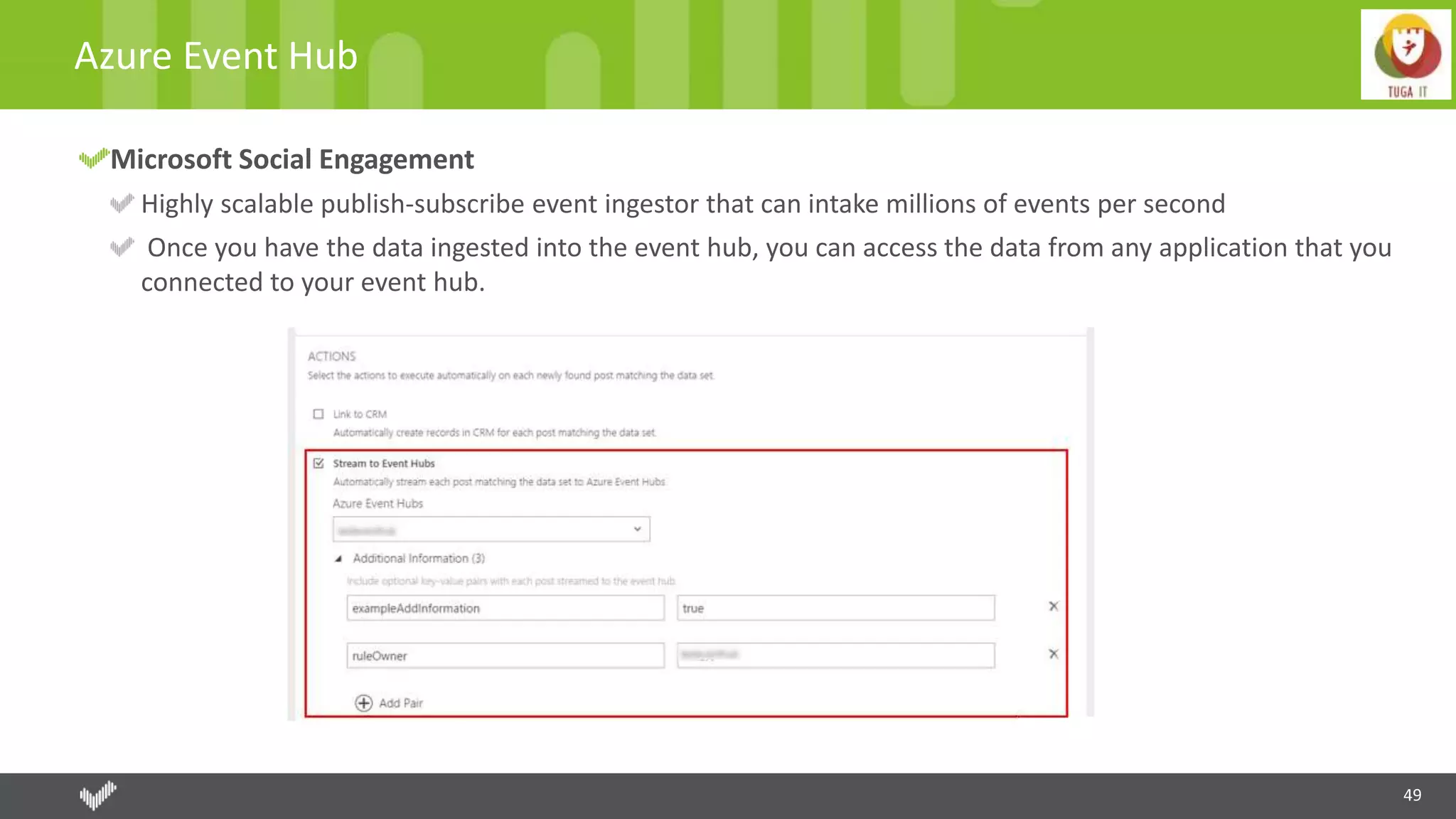 49
Azure Event Hub
Microsoft Social Engagement
Highly scalable publish-subscribe event ingestor that can intake millions of events per second
Once you have the data ingested into the event hub, you can access the data from any application that you
connected to your event hub.
 