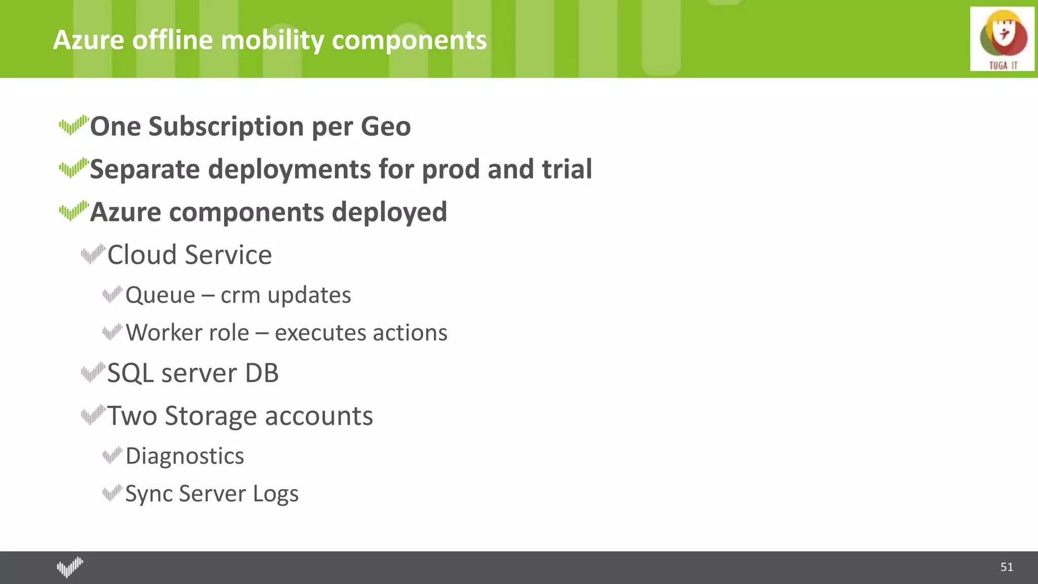 51
Azure offline mobility components
One Subscription per Geo
Separate deployments for prod and trial
Azure components deployed
Cloud Service
Queue – crm updates
Worker role – executes actions
SQL server DB
Two Storage accounts
Diagnostics
Sync Server Logs
 