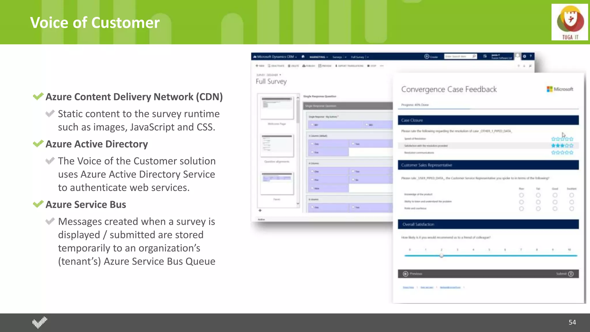 54
Voice of Customer
Azure Content Delivery Network (CDN)
Static content to the survey runtime
such as images, JavaScript and CSS.
Azure Active Directory
The Voice of the Customer solution
uses Azure Active Directory Service
to authenticate web services.
Azure Service Bus
Messages created when a survey is
displayed / submitted are stored
temporarily to an organization’s
(tenant’s) Azure Service Bus Queue
 