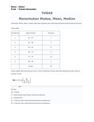 Nama : Zahari
Prodi : Teknik Informatika

                                           TUGAS
              Menentukan Modus, Mean, Median
menetukan Modus, Mean, median pada data bergolong atau pada data berbentuk tabel distribusi frekuensi.


contoh data:


No Interval          Kelas Interval                  Frekuensi


     1                  45 – 51                            1


     2                  52 – 58                            2


     3                  59 – 65                            17


     4                  66 – 72                            3


     5                  73 – 79                            10


     6                  80 – 86                            7


                        Jumlah                             40


modus adalah data yang sering muncul. Untuk menentukan Modus pada data bergolong di atas maka di

gunakan rumus:




          Mod

Dimana:

Mo = Modus

b = batas bawah kelas dengan frekuensi terbanyak

p = panjang klas

b1 = frekuensi klas modus dikurangi frekuensi sebelumnya

b2 = frekuensi klas modus dikurangi frekuensi sesudahnya
 