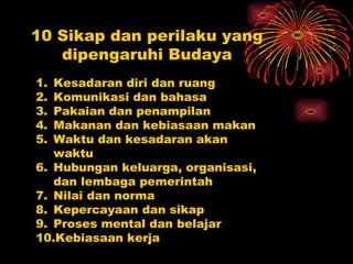 10 Sikap dan perilaku yang
   dipengaruhi Budaya
1. Kesadaran diri dan ruang
2. Komunikasi dan bahasa
3. Pakaian dan penampilan
4. Makanan dan kebiasaan makan
5. Waktu dan kesadaran akan
   waktu
6. Hubungan keluarga, organisasi,
   dan lembaga pemerintah
7. Nilai dan norma
8. Kepercayaan dan sikap
9. Proses mental dan belajar
10.Kebiasaan kerja
 
