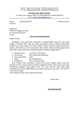 Contoh Surat Penawaran Barang
