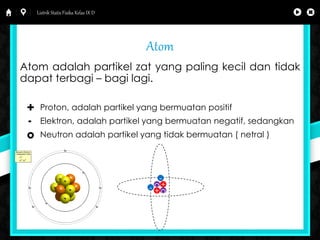 Listrik Statis Fisika Kelas IX D 
Atom 
Atom adalah partikel zat yang paling kecil dan tidak 
dapat terbagi – bagi lagi. 
Proton, adalah partikel yang bermuatan positif 
Elektron, adalah partikel yang bermuatan negatif, sedangkan 
Neutron adalah partikel yang tidak bermuatan ( netral ) 
 
 
 
- 
+ 
- o 
+o 
 