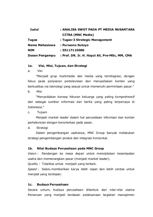 Sm Purwono Sutoyo Hapzi Ali Tugas 3 Uas Analisa Swot Pada Mnc Medi