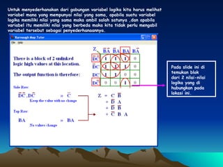 Pada slide ini di temukan blok dari 2 nilai-nilai logika yang di hubungkan pada lokasi ini. Untuk menyederhanakan dari gabungan variabel logika kita harus melihat variabel mana yang mempunyai nilai yang sama, apabila suatu variabel logika memiliki nilai yang sama maka ambil salah satunya ,dan apabila variabel itu memiliki nilai yang berbeda maka kita tidak perlu mengabil variabel tersebut sebagai penyederhanaannya.  