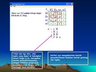 Tidak ada lagi nilai- nilai logika yang dapat di hubungkan berati fungsi  z  ini, merupakan bentuk penyederhanaannya. Dengan demikian pengerjaan penyederhanaan dengan peta karnaugh telah berakhir. berikut nya mengambarkan bentuk penyederhanaan kedalam bentuk gerbang alur logika. 