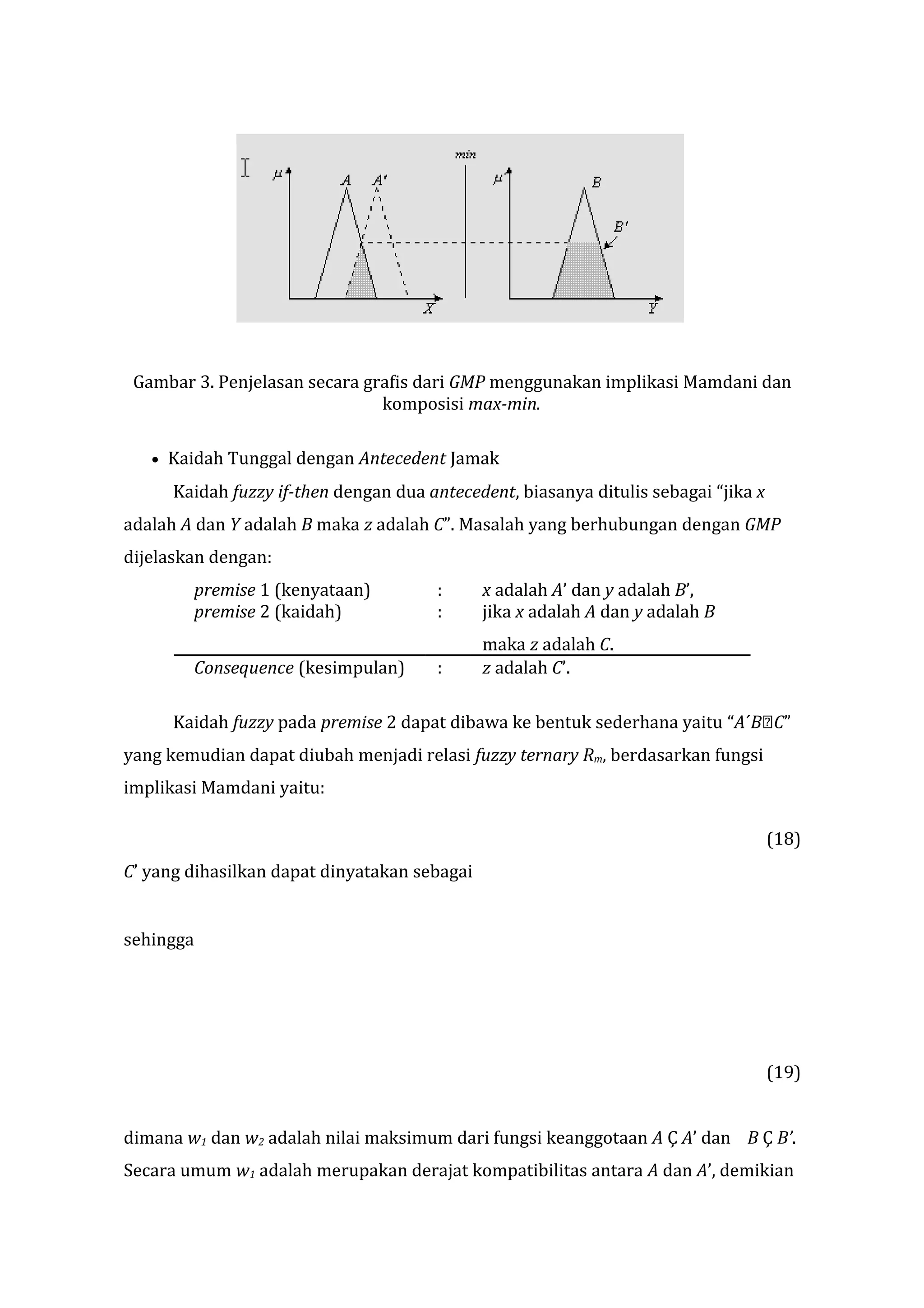 Gambar 3. Penjelasan secara grafis dari GMP menggunakan implikasi Mamdani dan
komposisi max-min.
•

Kaidah Tunggal dengan Antecedent Jamak
Kaidah fuzzy if-then dengan dua antecedent, biasanya ditulis sebagai “jika x

adalah A dan Y adalah B maka z adalah C”. Masalah yang berhubungan dengan GMP
dijelaskan dengan:
premise 1 (kenyataan)
premise 2 (kaidah)
Consequence (kesimpulan)

:
:

x adalah A’ dan y adalah B’,
jika x adalah A dan y adalah B

:

maka z adalah C.
z adalah C’.

Kaidah fuzzy pada premise 2 dapat dibawa ke bentuk sederhana yaitu “A´BC”
yang kemudian dapat diubah menjadi relasi fuzzy ternary Rm, berdasarkan fungsi
implikasi Mamdani yaitu:
(18)
C’ yang dihasilkan dapat dinyatakan sebagai
sehingga

(19)
dimana w1 dan w2 adalah nilai maksimum dari fungsi keanggotaan A Ç A’ dan B Ç B’.
Secara umum w1 adalah merupakan derajat kompatibilitas antara A dan A’, demikian

 