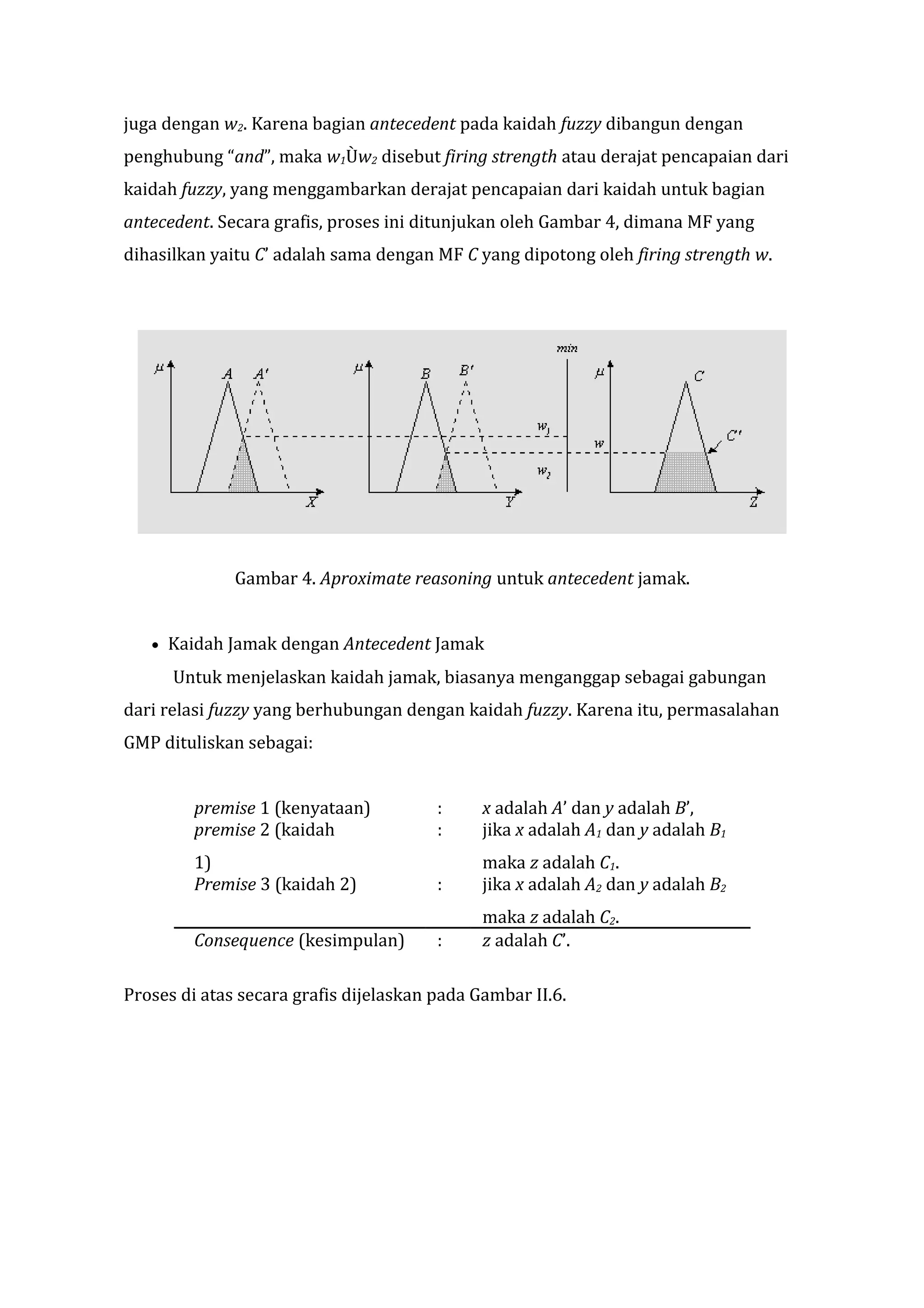 juga dengan w2. Karena bagian antecedent pada kaidah fuzzy dibangun dengan
penghubung “and”, maka w1Ùw2 disebut firing strength atau derajat pencapaian dari
kaidah fuzzy, yang menggambarkan derajat pencapaian dari kaidah untuk bagian
antecedent. Secara grafis, proses ini ditunjukan oleh Gambar 4, dimana MF yang
dihasilkan yaitu C’ adalah sama dengan MF C yang dipotong oleh firing strength w.

Gambar 4. Aproximate reasoning untuk antecedent jamak.
•

Kaidah Jamak dengan Antecedent Jamak
Untuk menjelaskan kaidah jamak, biasanya menganggap sebagai gabungan

dari relasi fuzzy yang berhubungan dengan kaidah fuzzy. Karena itu, permasalahan
GMP dituliskan sebagai:
premise 1 (kenyataan)
premise 2 (kaidah
1)
Premise 3 (kaidah 2)
Consequence (kesimpulan)

:
:

x adalah A’ dan y adalah B’,
jika x adalah A1 dan y adalah B1

:

maka z adalah C1.
jika x adalah A2 dan y adalah B2

:

maka z adalah C2.
z adalah C’.

Proses di atas secara grafis dijelaskan pada Gambar II.6.

 