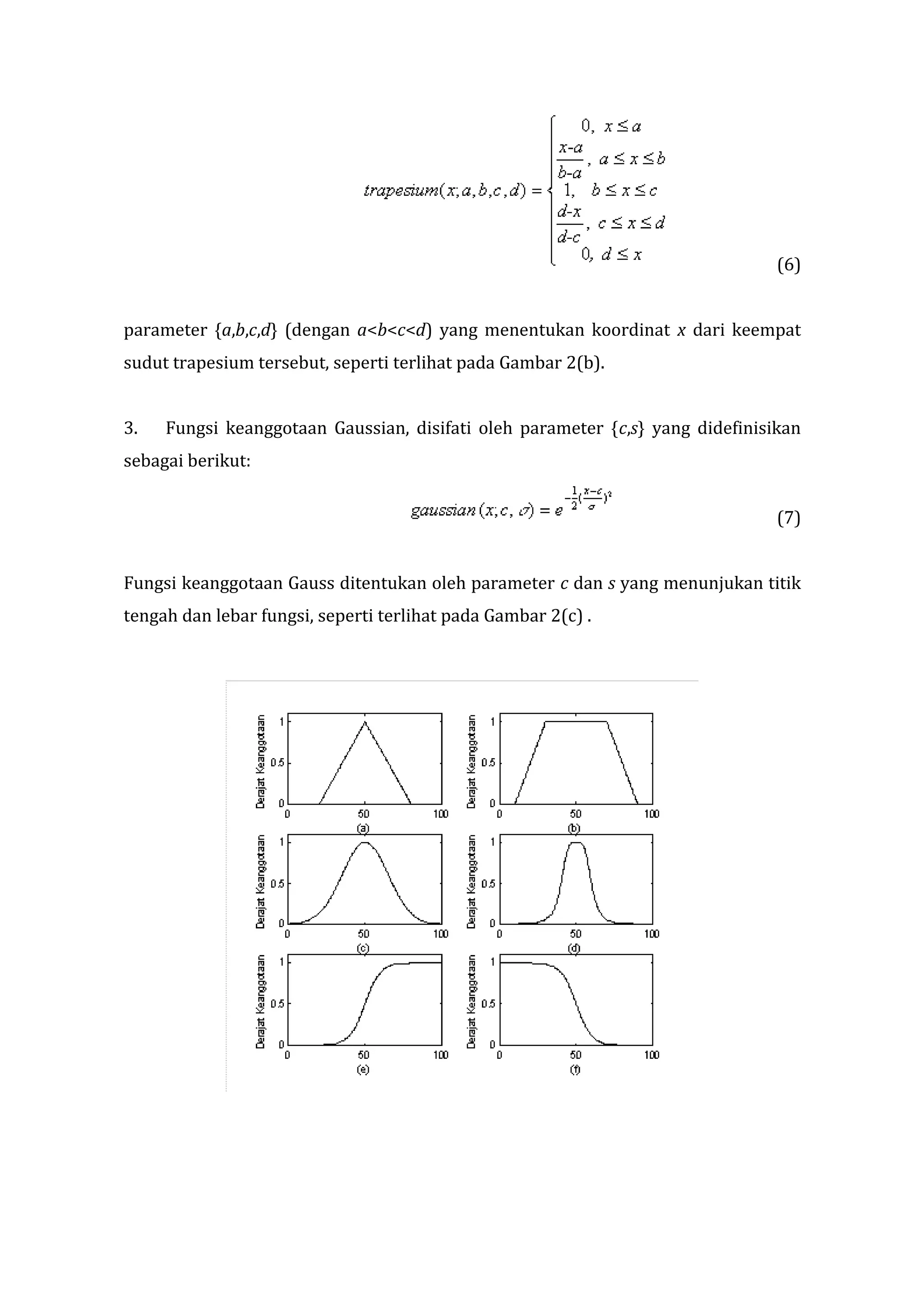 (6)
parameter {a,b,c,d} (dengan a<b<c<d) yang menentukan koordinat x dari keempat
sudut trapesium tersebut, seperti terlihat pada Gambar 2(b).
3.

Fungsi keanggotaan Gaussian, disifati oleh parameter {c,s} yang didefinisikan

sebagai berikut:
(7)
Fungsi keanggotaan Gauss ditentukan oleh parameter c dan s yang menunjukan titik
tengah dan lebar fungsi, seperti terlihat pada Gambar 2(c) .

 