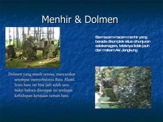 Menhir & Dolmen  Dolmen yang masih tersisa, masyarakat setempat menyebutnya Batu Alami. Jenis batu ini bisa jadi salah satu bukti bahwa ditempat ini terdapat kehidupan kerajaan zaman batu Bermacam-macam menhir yang berada dikomplek situs cihunjuran salakanagara, letaknya tidak jauh dari makam Aki Jangkung 