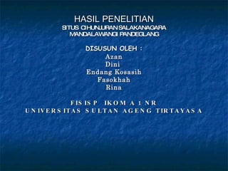 HASIL PENELITIAN SITUS  CIHUNJURAN SALAKANAGARA MANDALAWANGI PANDEGLANG DISUSUN OLEH : Azan Dini  Endang Kosasih Fasokhah Rina FISISP  IKOM A 1 NR UNIVERSITAS SULTAN AGENG TIRTAYASA 