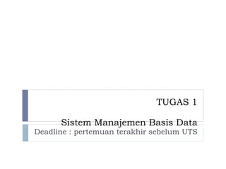 TUGAS 1 Sistem Manajemen Basis Data Deadline : pertemuan terakhir sebelum UTS 