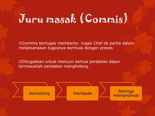 Juru masak (Commis)
Commis bertugas membantu tugas Chef de partie dalam
melaksanakan tugasnya bermula dengan proses
Ditugaskan untuk mencuci semua peralatan dapur
termasuklah peralatan menghidang.
memotong memasak
Sehinga
mempromosi
 