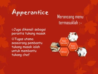Apperantice
Juga dikenali sebagai
perantis tukang masak
Tugas utama
seseorang pembantu
tukang masak ialah
untuk membantu
tukang chef
Merancang menu
termasuklah :-
Bihon
Roti
Canai
Nasi
Kandar
 