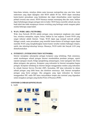batas-batas tertentu, misalnya dalam suatu kawasan metropolitan atau satu kota. Jarak
maksimum yang dapat dijangkau oleh MAN adalah 80 km. MAN dapat mencakup
kantor-kantor perusahaan yang berdekatan dan dapat dimanfaatkan untuk keperluan
pribadi (swasta) atau umum. MAN biasanya mampu menunjang data dan suara, bahkan
dapat berhubungan dengan jaringan televisi kabel. MAN hanya memiliki sebuah atau dua
buah kabel dan tidak mempunyai elemen switching yang berfungsi untuk mengatur paket
melalui beberapa output kabel.
3. WAN ( WIDE AREA NETWORK)
Wide Area Network (WAN) adalah jaringan yang mempunyai jangkauan area sangat
luas, misalnya antarpulau, negara, benua, bahkan ke luar angkasa. Contoh WAN yang
sangat terkenal adalah Internet. Tetapi, WAN dapat juga menjadi network pribadi.
Sebagai contoh, suatu perusahaan yang memiliki kantor-kantor di berbagai negara dapat
memiliki WAN yang menghubungkan kantor-kantor tersebut melalui hubungan telepon,
satelit, dan teknologi-teknologi lainnya. Biasanya, WAN terdiri dari banyak LAN yang
diinterkoneksikan.
4. INTERNET ( INTERCONECTION NETWORK)
Internet merupakan sekumpulan jaringan komputer yang terhubung. Pada umumnya,
untuk membangun sebuah jaringan Internet membutuhkan peralatan jaringan, seperti
repeater (penguat sinyal), bridge (penghubung antarjaringan), router (pengatur lalu lintas
dalam jaringan), dan gateway. Komputer yang terkoneksi ke Internet merupakan bagian
jaringan. Komputer terhubung ke Internet dengan menggunakan modem yang terkoneksi
ke sebuah Internet Service Provider (ISP). Kemudian, ISP akan terkoneksi ke dalam
sebuah jaringan yang lebih besar, dan demikian seterusnya. Jadi, Internet merupakan
jaringan yang berisi jaringan. Jika pengguna yang ingin terkoneksi ke Internet
menggunakan ISP, maka ISP harus menyediakan tempat atau terminal yang digunakan
untuk mengakses jaringan yang disebut Point of Presence (POP).
CONTOH GAMBAR KONFIGURASI
1. LAN
 