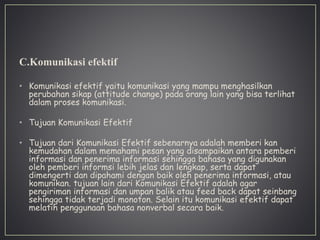 C.Komunikasi efektif
• Komunikasi efektif yaitu komunikasi yang mampu menghasilkan
perubahan sikap (attitude change) pada orang lain yang bisa terlihat
dalam proses komunikasi.
• Tujuan Komunikasi Efektif
• Tujuan dari Komunikasi Efektif sebenarnya adalah memberi kan
kemudahan dalam memahami pesan yang disampaikan antara pemberi
informasi dan penerima informasi sehingga bahasa yang digunakan
oleh pemberi informsi lebih jelas dan lengkap, serta dapat
dimengerti dan dipahami dengan baik oleh penerima informasi, atau
komunikan. tujuan lain dari Komunikasi Efektif adalah agar
pengiriman informasi dan umpan balik atau feed back dapat seinbang
sehingga tidak terjadi monoton. Selain itu komunikasi efektif dapat
melatih penggunaan bahasa nonverbal secara baik.
 