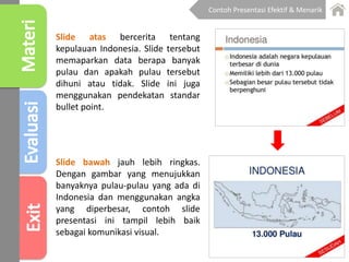 Slide atas bercerita tentang
kepulauan Indonesia. Slide tersebut
memaparkan data berapa banyak
pulau dan apakah pulau tersebut
dihuni atau tidak. Slide ini juga
menggunakan pendekatan standar
bullet point.
Slide bawah jauh lebih ringkas.
Dengan gambar yang menujukkan
banyaknya pulau-pulau yang ada di
Indonesia dan menggunakan angka
yang diperbesar, contoh slide
presentasi ini tampil lebih baik
sebagai komunikasi visual.
Contoh Presentasi Efektif & Menarik
 