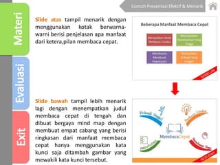 Slide atas tampil menarik dengan
menggunakan kotak berwarna-
warni berisi penjelasan apa manfaat
dari ketera,pilan membaca cepat.
Slide bawah tampil lebih menarik
lagi dengan menempatkan judul
membaca cepat di tengah dan
dibuat bergaya mind map dengan
membuat empat cabang yang berisi
ringkasan dari manfaat membaca
cepat hanya menggunakan kata
kunci saja ditambah gambar yang
mewakili kata kunci tersebut.
Contoh Presentasi Efektif & Menarik
 