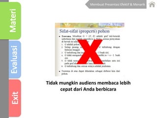 Tidak mungkin audiens membaca lebih
cepat dari Anda berbicara
X
Membuat Presentasi Efektif & Menarik
 