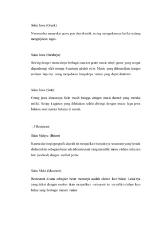 Suku Jawa (Gresik)
Narasumber menyukai genre pop dan akustik, sering mengarkannya ketika sedang
mengerjakan tugas.
Suku Jawa (Surabaya)
Seiring dengan munculnya berbagai macam genre music tetapi genre yang sangat
digandrungi oleh remaja Surabaya adalah edm. Music yang dikreasikan dengan
remixan tiap-tiap orang menjadikan banyaknya variasi yang dapat dinikmati.
Suku Jawa (Solo)
Orang jawa khususnya Solo masih bangga dengan music daerah yang mereka
miliki. Setiap kegiatan yang dilakukan selalu diiringi dengan mucic lagu jawa
bahkan saat mereka bekerja di sawah.
1.5 Restaurant
Suku Melayu (Batam)
Karena dari segi geografis daerah ini menjadikanbanyaknya restaurant yangberada
di daerah ini sebagian besar adalah restaurant yang memiliki menu olahan makanan
laut (seafood) dengan sambal pedas.
Suku Sikka (Maumere)
Restaurant disana sebagian besar menunya adalah olahan ikan bakar. Letaknya
yang dekat dengan sumber ikan menjadikan restaurant ini memiliki olahan ikan
bakar yang berbagai macam variasi
 