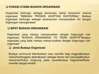  FUNGSI UTAMA BUDAYA ORGANISASI
Organisasi berfungsi sebagai pemersatu setiap komponen internal
organisasi ”SEBAGAI PROSES ADAPTASI EKSTERNAL“ Budaya
organisasi berfungsi sebagai saranauntuk menyesuaikan diri dengan
lingkungan luarorganisasi”
 SIFAT BUDAYA ORGANISASI
Organisasi yang mampu menyesuaikan dengan lingkungan luar
organisasi “BUDAYA ORGANISASI YG TIDAK ADAPTIF“Budaya
organisasi yang tidak mampu menye-suaikan dengan lingkungan luar
organisasi”
 Jenis Budaya Organisasi
Budaya communal Memberikan rasa memiliki bagi anggotaBudaya
networkedAnggota diperlakukan sebagai teman dan keluargaBudaya
mercenaryFokus langsung pada tujuanBudaya fragmentedRasa
memiliki sangat rendah
 