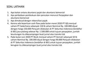 SOAL LATIHAN
1. Apa kaitan antara akuntansi pajak dan akuntansi komersial
2. Apa perbedaan pembukuan dan pencatan menurut Perpajakan dan
akuntansi komersial
3. Apa dimaksud dengan rekonsiliasi pajak
4. Karena ada keperluan cash flow pada bulan maret 2020 PT QQ menjual
saham PT Sederhana sebanyak 150 lb saham Nominal Rp. 100.000 dijual
dengan harga 150.000 Penjualn dilakukan di PT Sekuritas Indonesia (terdaftar
di BEI) jasa pialang sebesar Rp. 1.500.000 untuk tujuan perpajakan, jumlah
keuntungan itu dikesampingan buat jurnal atas transksi tsb
5. Pada bulan Juni 2020 PT Resik menjual saham PT Gemah sebanyak 50 lb
saham Nominal Rp. 100.000 dijual dengan harga 90.000 Penjualn dilakukan
di PT Sekuritas Indonesia (terdaftar di BEI) untuk tujuan perpajakan, jumlah
kerugian itu dikesampingan buat jurnal atas transksi tsb
 
