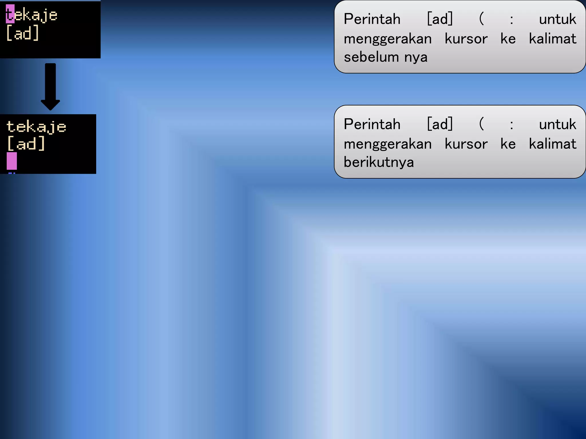 Perintah [ad] ( : untuk
menggerakan kursor ke kalimat
sebelum nya
Perintah [ad] ( : untuk
menggerakan kursor ke kalimat
berikutnya
 